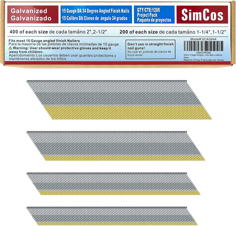 SimCos 15 Gauge 34-Degree DA Series Angled Finish Nails, Galvanized Assorted Size Project Pack for Pneumatic, Electric Angled Finish Nailer or Nail Gun (Assorted sizes-1) - Image 1